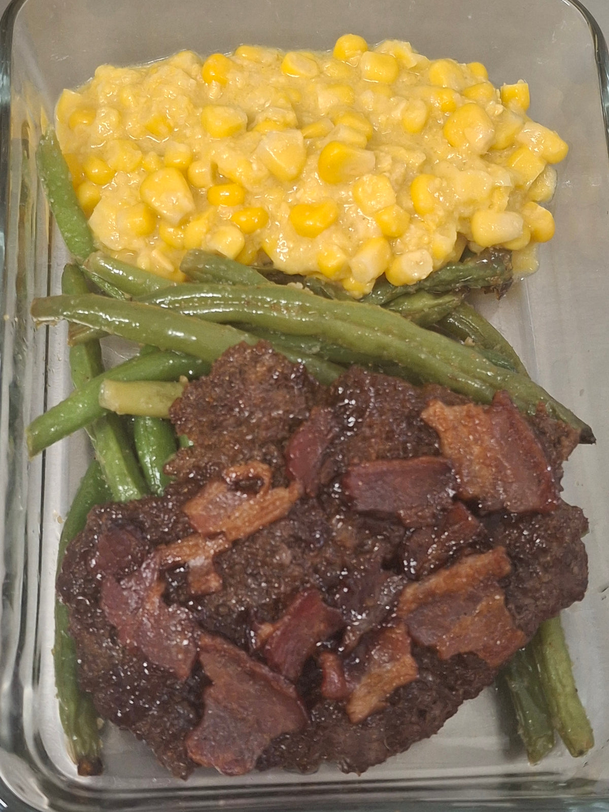 BBQ Bacon Flat Steaks, (local) roasted corn on cobb & butter green beans