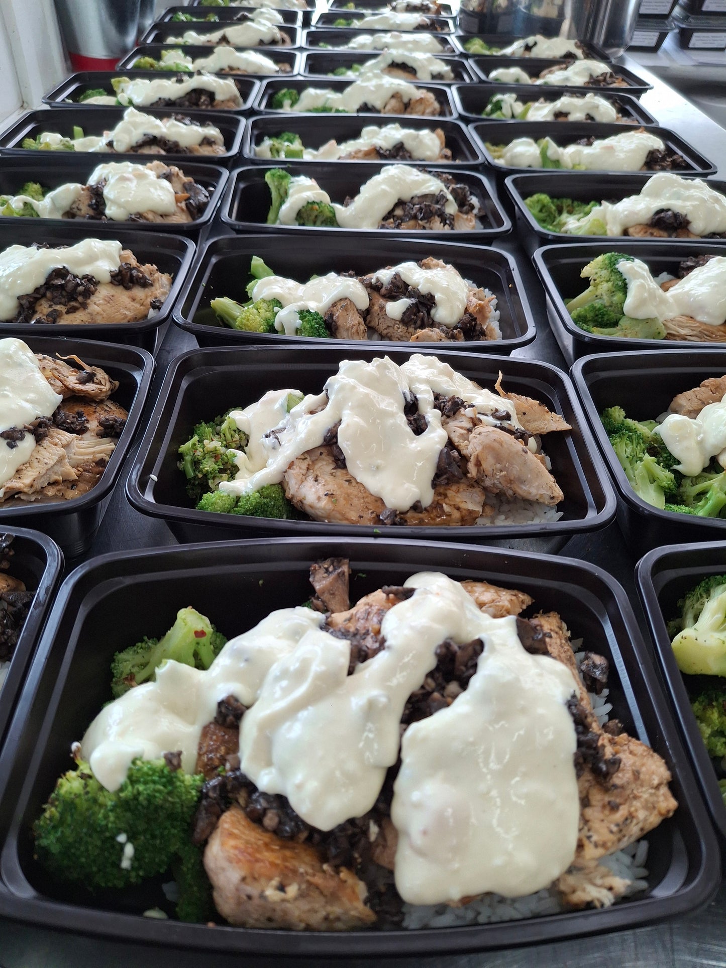 Grilled Chicken, mushrooms, rice, and broccoli with a house made creamy sauce