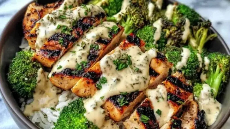 Grilled Chicken, mushrooms, rice, and broccoli with a house made creamy sauce