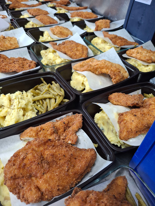 (#1 seller) Chicken Fried Chicken with mashed potatoes & gravy, and roasted local brussels